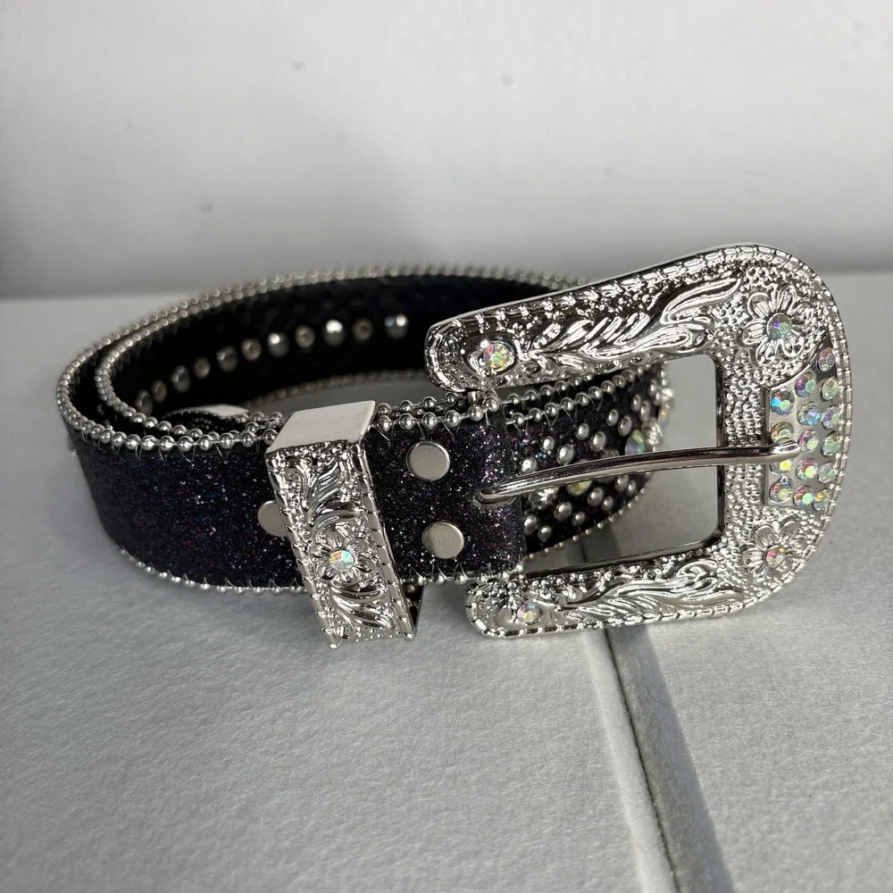 Y2k Western Cowgirl Studded Rhinestone Belt Med 28-34 Concho Glitter Bling NEW